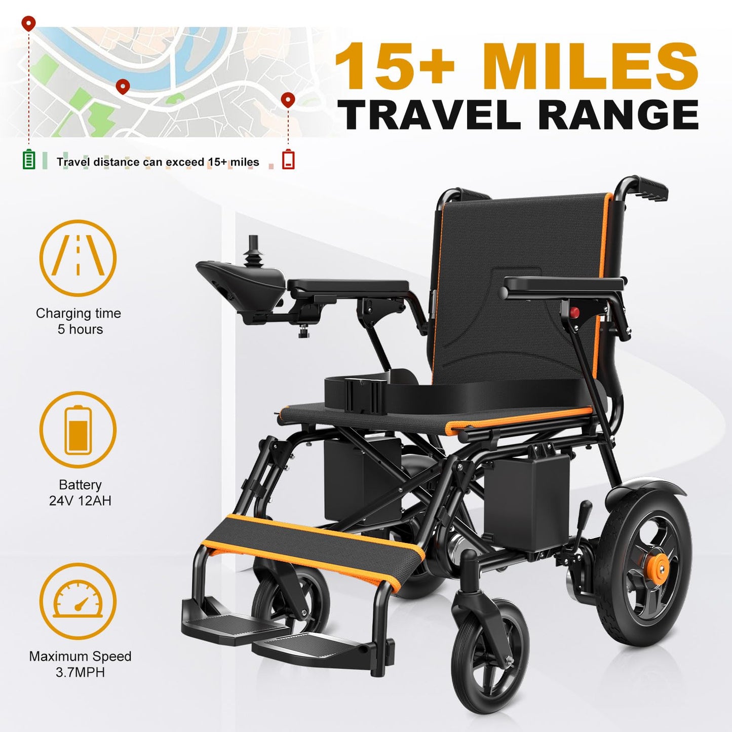 Foldable Electric Wheelchair for Adults, Lightweight Power Chair, 15 Mile Range, 350 lb Capacity